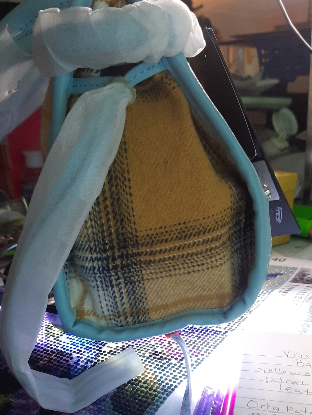 Von Dutch Yellow Plaid Satchel with Light Blue Trim - Picture 4 of 7